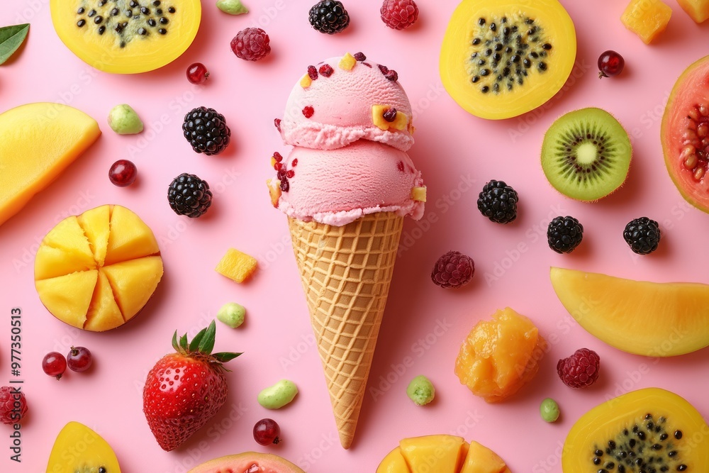 Poster Ice cream cone surrounded by colorful fruits on a pink background.