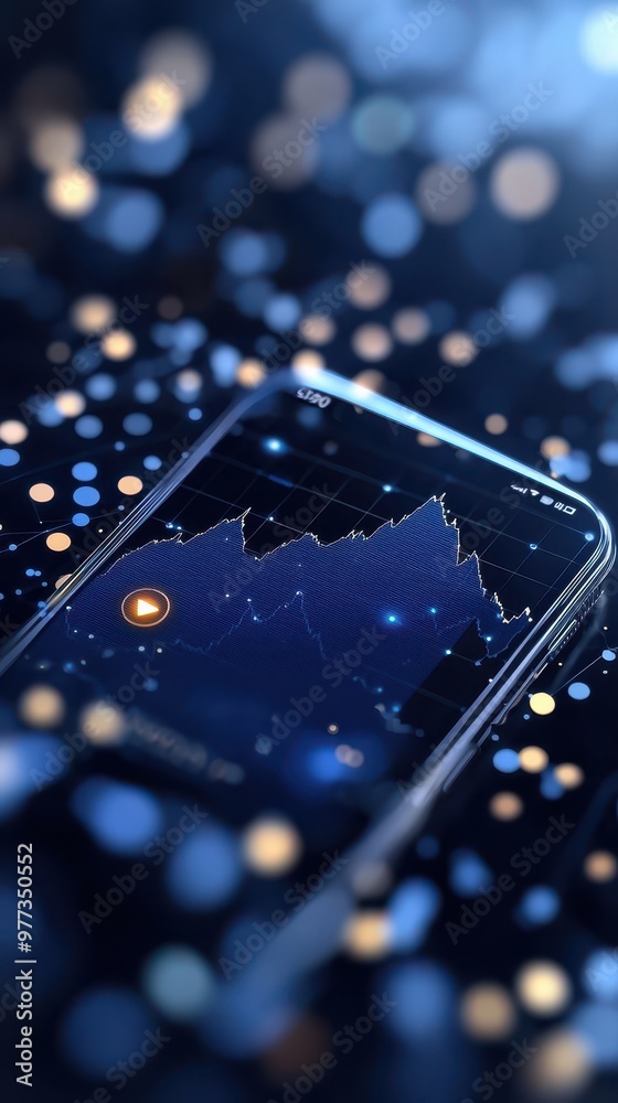 Fototapete A smartphone displaying a financial graph with abstract lights, representing modern technology and data analysis.