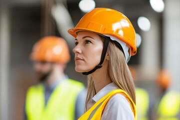 Businesswoman with a helmet at a construction site, partial faces of engineers in safety vests, infrastructure, entrepreneurship