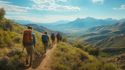 Fototapeta premium group of friends ascends a scenic mountain trail, carrying backpacks, with the landscape opening up to reveal a stunning view of the valley below 