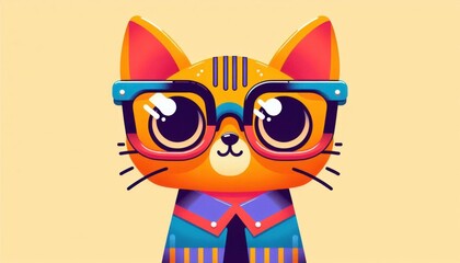 A quirky vector illustration of a cat wearing oversized glasses, in a minimalist flat design, vibrant and playful colors