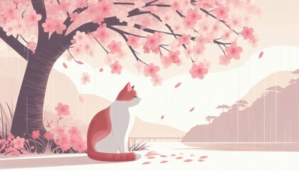A peaceful cat sitting under a sakura tree, with cherry blossom petals falling around it, soft colors and minimalist vector art