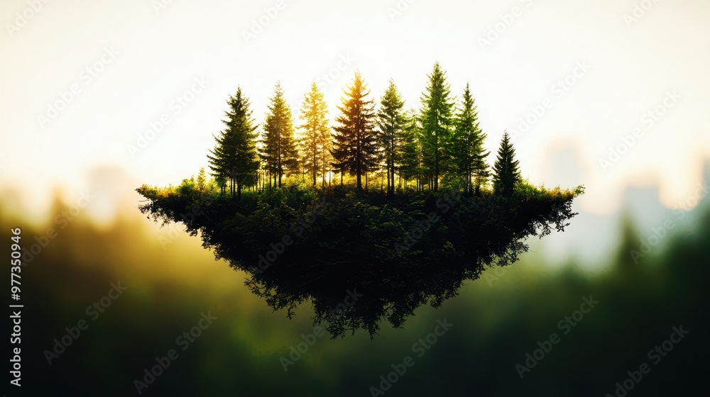 Poster A surreal depiction of a floating island with lush trees bathed in soft sunlight, representing nature's beauty and tranquility.