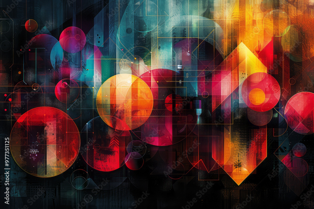 Poster a collection of interlocking geometric shapes, such as circles, triangles, and hexagons,