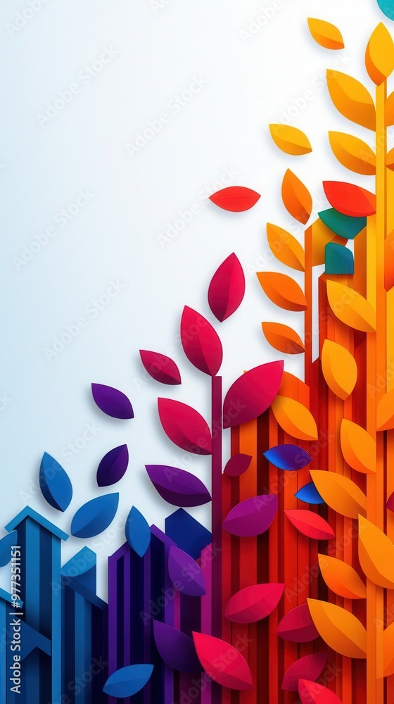 Poster a vibrant abstract design featuring colorful leaves and geometric shapes, perfect for creative proje
