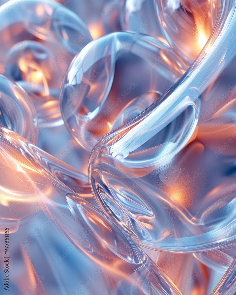 Poster an abstract 3d cluster of glass-like orbs and cubes, reflecting light in various directions,