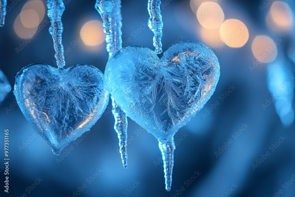 Canvas Prints Ice hearts hanging with a soft blue background and bokeh lights.