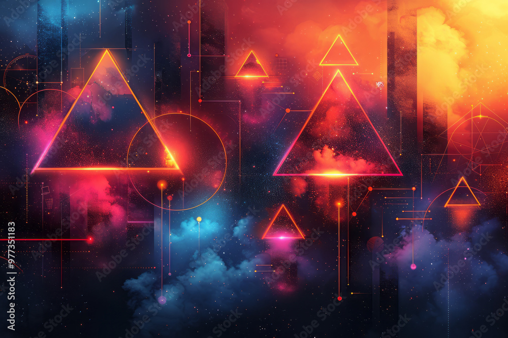 Poster a collection of interlocking geometric shapes, such as circles, triangles, and hexagons,