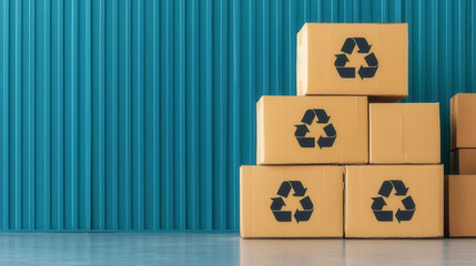 Recycled packaging in logistics center, sustainable practices, flat design illustration