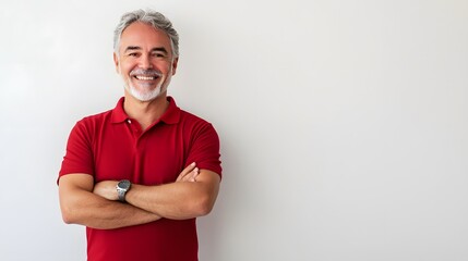 Portrait of a Smiling Middle-Aged Man with Gray Hair Wearing a Red Polo Shirt