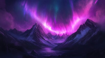 A breathtaking view of a mountain landscape illuminated by a vibrant purple aurora in a starry night sky.
