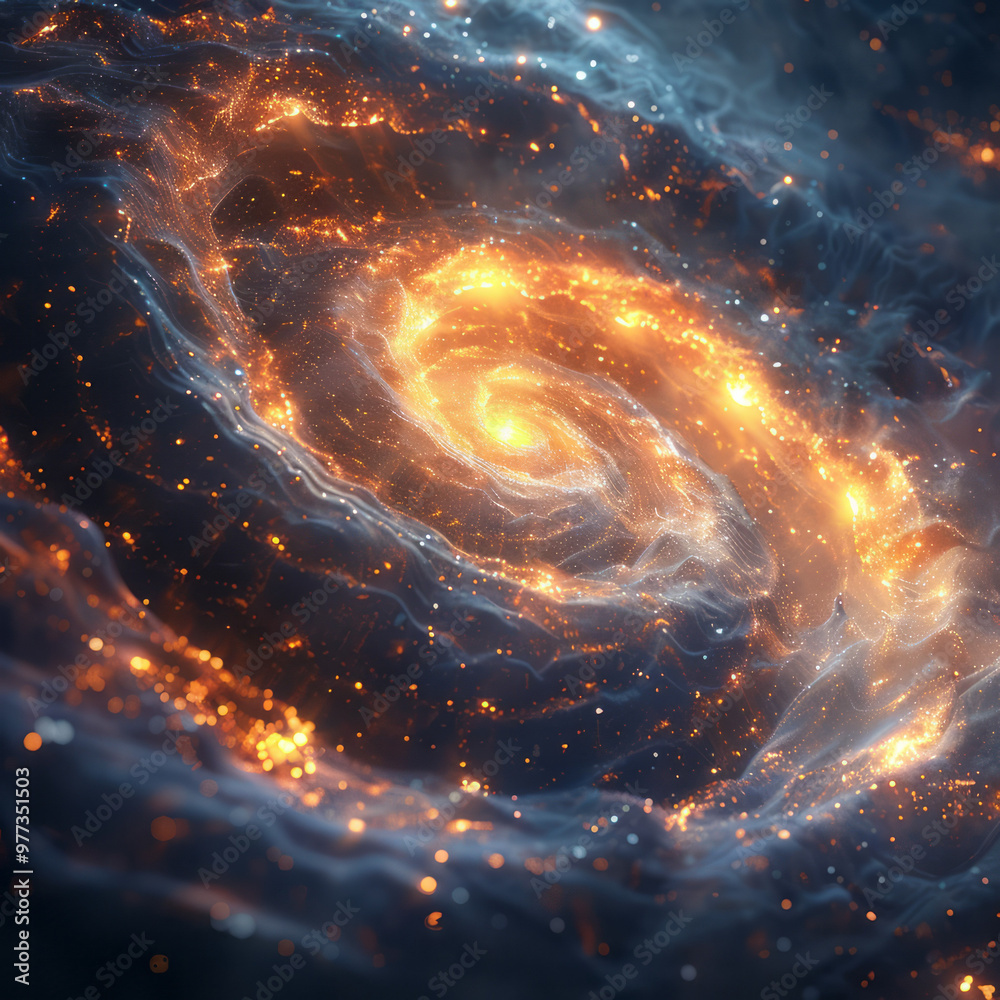 Poster an abstract digital vortex of swirling particles and waves, emitting soft light from the center,