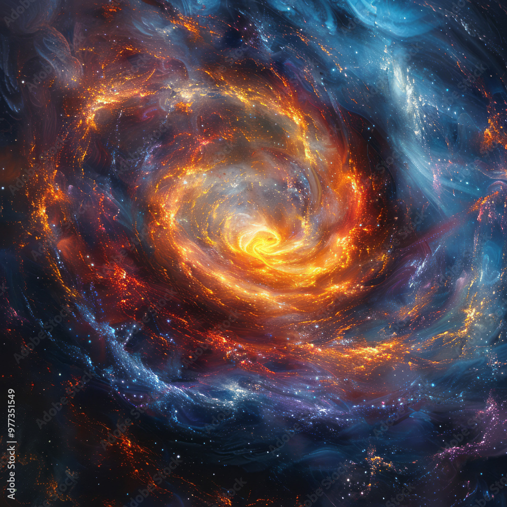 Poster an abstract digital vortex of swirling particles and waves, emitting soft light from the center,