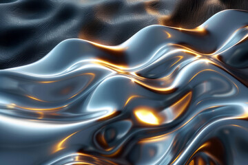 Obraz premium An abstract design with flowing liquid metal waves, silver and gold hues reflecting soft light,