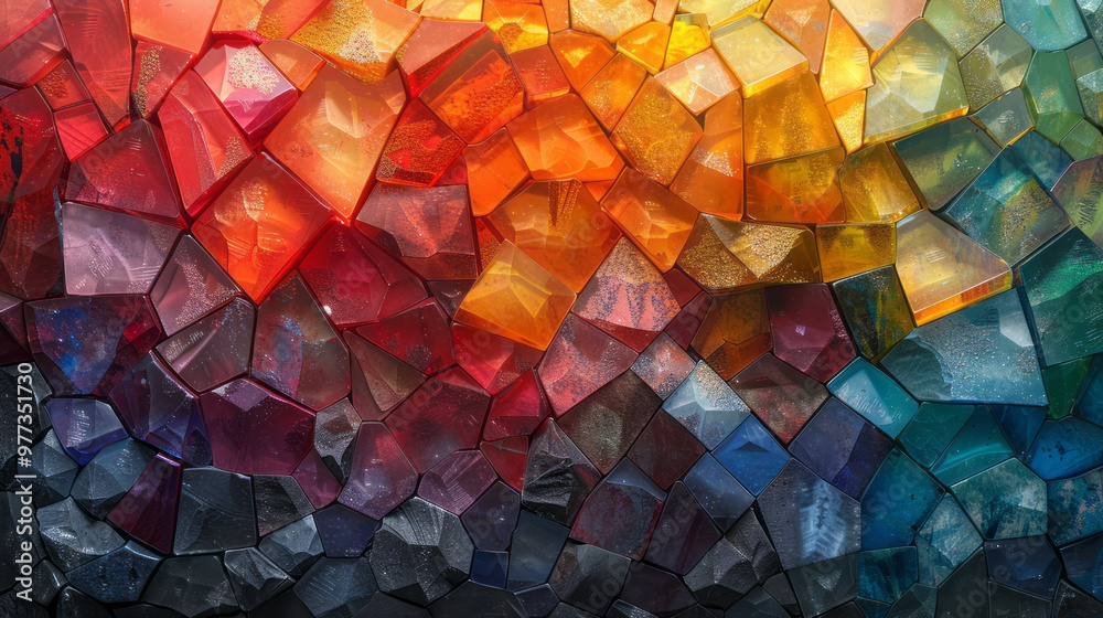 Poster An abstract digital artwork featuring a mosaic of irregular geometric shapes,