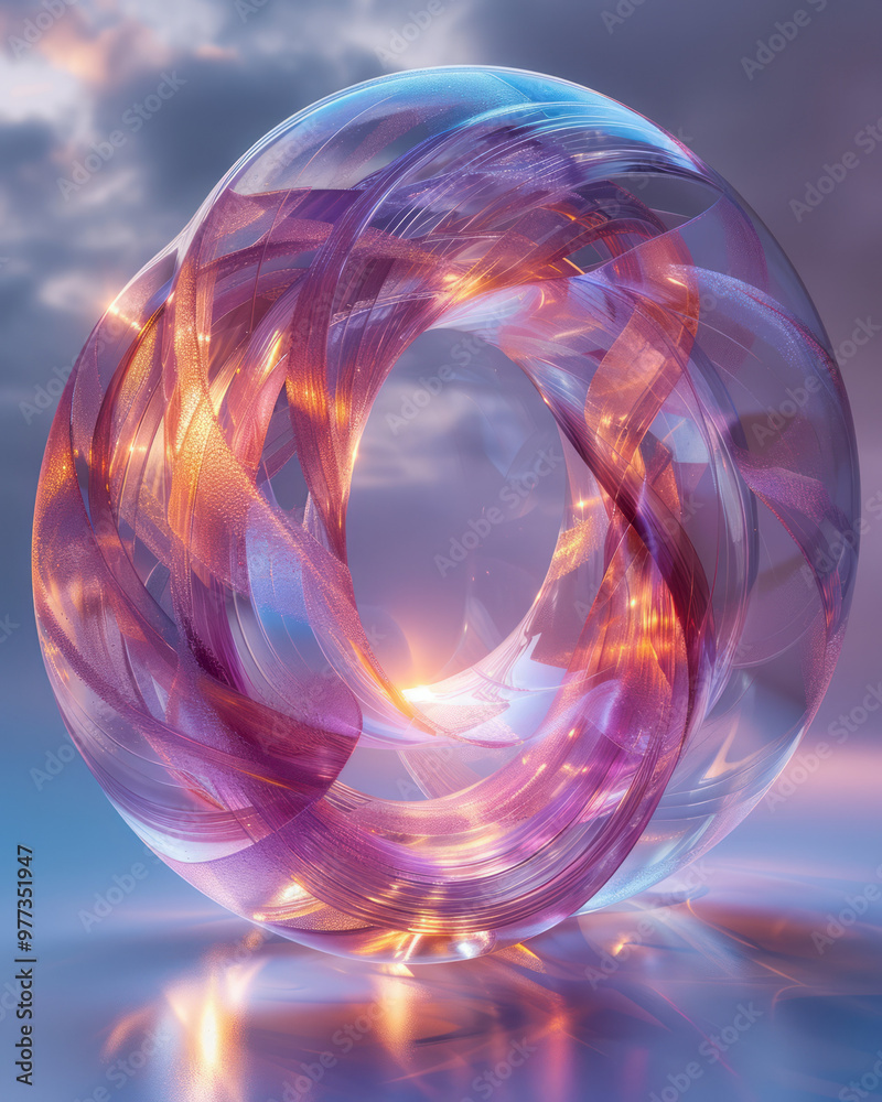 Aufkleber A 3D element of layered translucent rings rotating around a central glowing core,