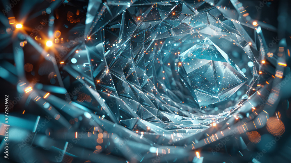 Aufkleber A 3D geometric structure composed of sharp-edged crystals arranged in a spiral,