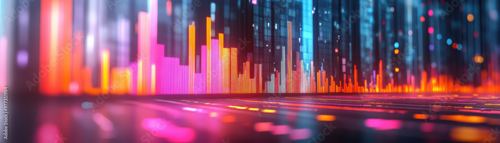 Poster abstract digital data visualization with vibrant neon colors and dynamic bar graphs, perfect for tec