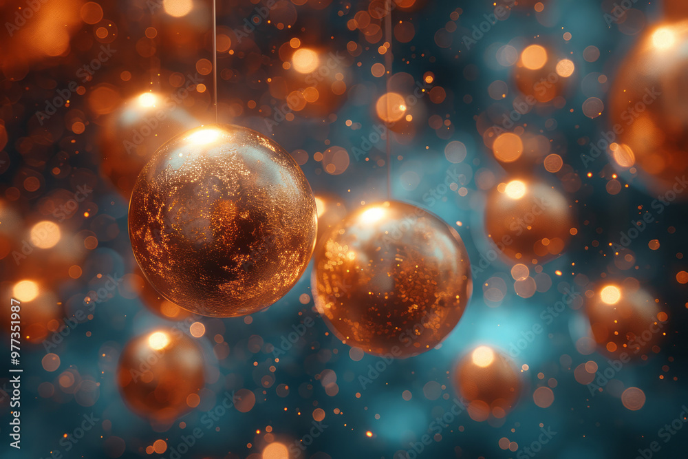 Aufkleber A 3D element resembling a cluster of metallic orbs of different sizes, floating in space,