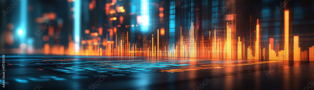 Poster futuristic digital data visualization with glowing graphs and dynamic charts, representing innovatio