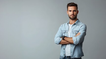 Obraz premium A man in a denim jacket with arms crossed stands against a grey background.