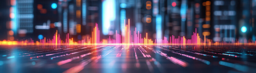 Vibrant digital cityscape showcasing glowing neon lights and futuristic architecture with dynamic data visualization and urban design.