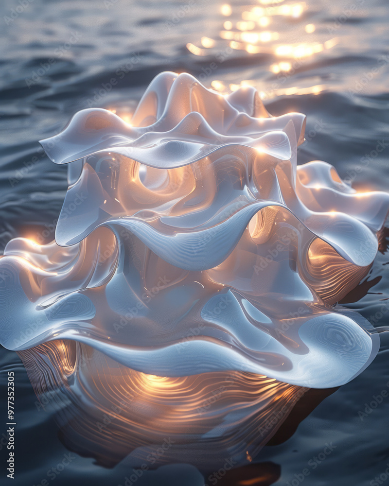Poster A surreal 3D object made of layered, rippling sheets of metallic liquid,