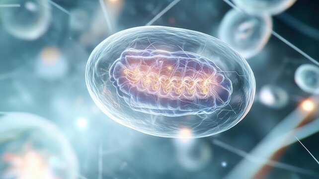 Zoomed-in view of mitochondria, inner membrane folds with ATP synthesis, cellular respiration, mitochondria, energy production