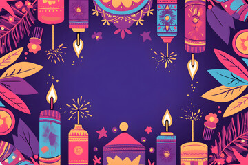 Happy Diwali greeting card with copy space. Flat colorful tracery frame with burning diya on purple background. Traditional Deepavali oil lamp simple art. Pongal Ugadi Gudi Padwa. Hindu holidays decor
