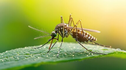 Close-up of a mosquito resting on a leaf with droplets. A stunning display of nature's intricate details in a vibrant environment.
