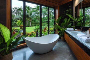 Fototapeta premium A bathroom with a free-standing tub, placed near a large window with an open view of a garden, surrounded by plants and wood accents