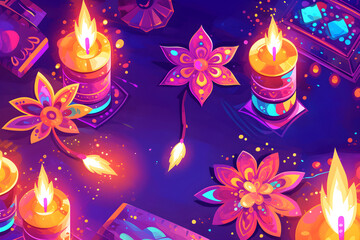 Happy Diwali greeting card with copy space. Flat colorful tracery frame with burning diya on purple background. Traditional Deepavali oil lamp simple art. Pongal Ugadi Gudi Padwa. Hindu holidays decor