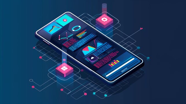 Application of Smartphone with business graph and analytics data on isometric mobile phone. Analysis trends and software development coding process concept. Programming, testing cross platform code