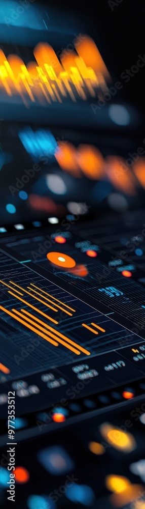 Aufkleber Close-up of a digital interface showcasing colorful lights and graphs, symbolizing technology and data analysis.