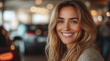 Obraz premium A woman with long blonde hair is smiling and looking at the camera