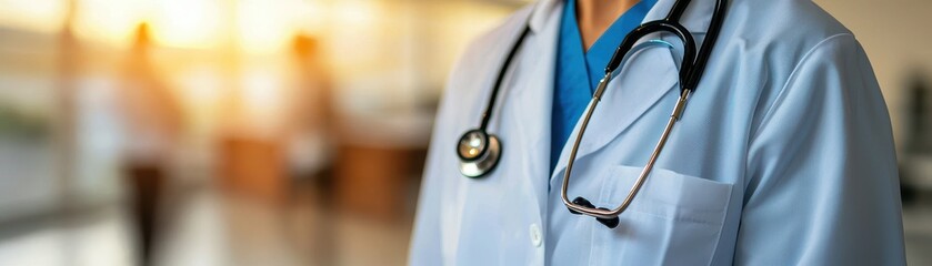 Close-up of a healthcare professional in a lab coat, showcasing stethoscope with a blurred hospital background.