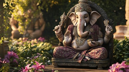 Fototapeta premium A serene statue of Ganesha, surrounded by vibrant flowers in a lush garden, symbolizing wisdom and prosperity.