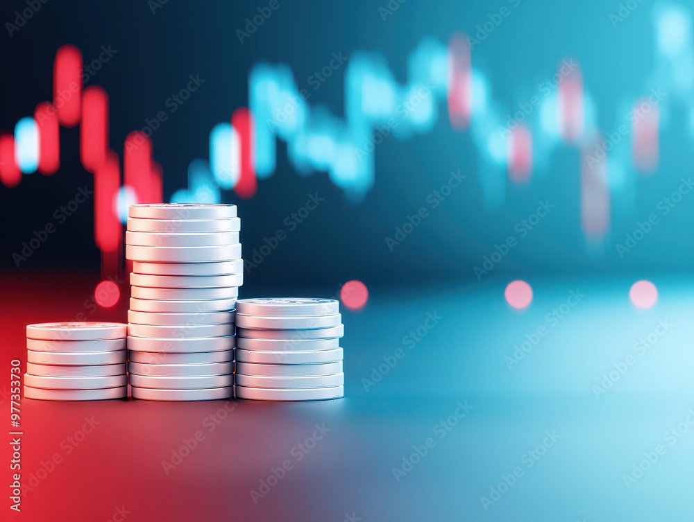 Poster close-up of stacked coins with a financial graph in the background, symbolizing investment and marke
