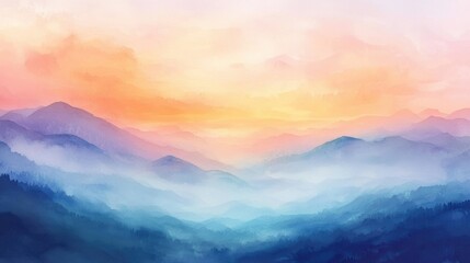 A serene watercolor landscape featuring mountains under a colorful sunset, blending hues of blue, orange, and pink.