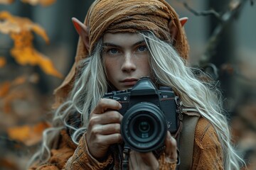 a cute young male elf with a camera in the woods