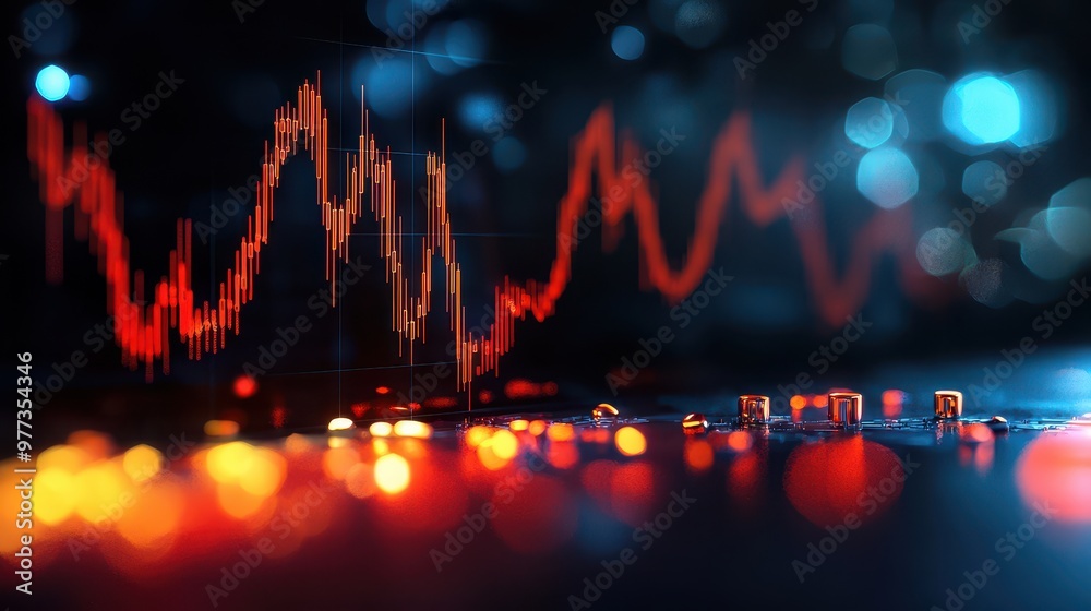 Poster Dynamic stock market chart displaying fluctuating trends with vibrant colors and modern bokeh effects, ideal for financial themes.