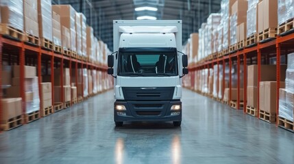 A delivery truck parked inside a large warehouse filled with organized pallets and cardboard boxes, representing efficient logistics.