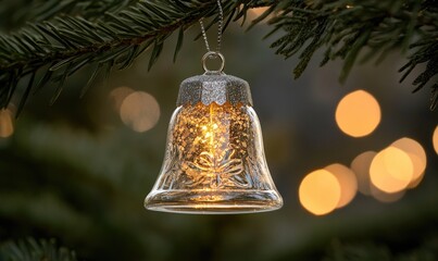 A glass bell hanging from a tree branch