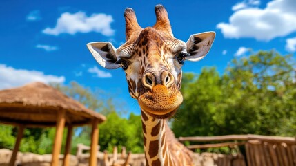 Naklejka premium A giraffe is looking at the camera with its mouth open