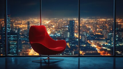 A red chair is placed before a large window, overlooking a sprawling city at night, the lights creating a stunning urban backdrop
