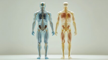 Two human figures, one blue and one orange, are standing next to each other