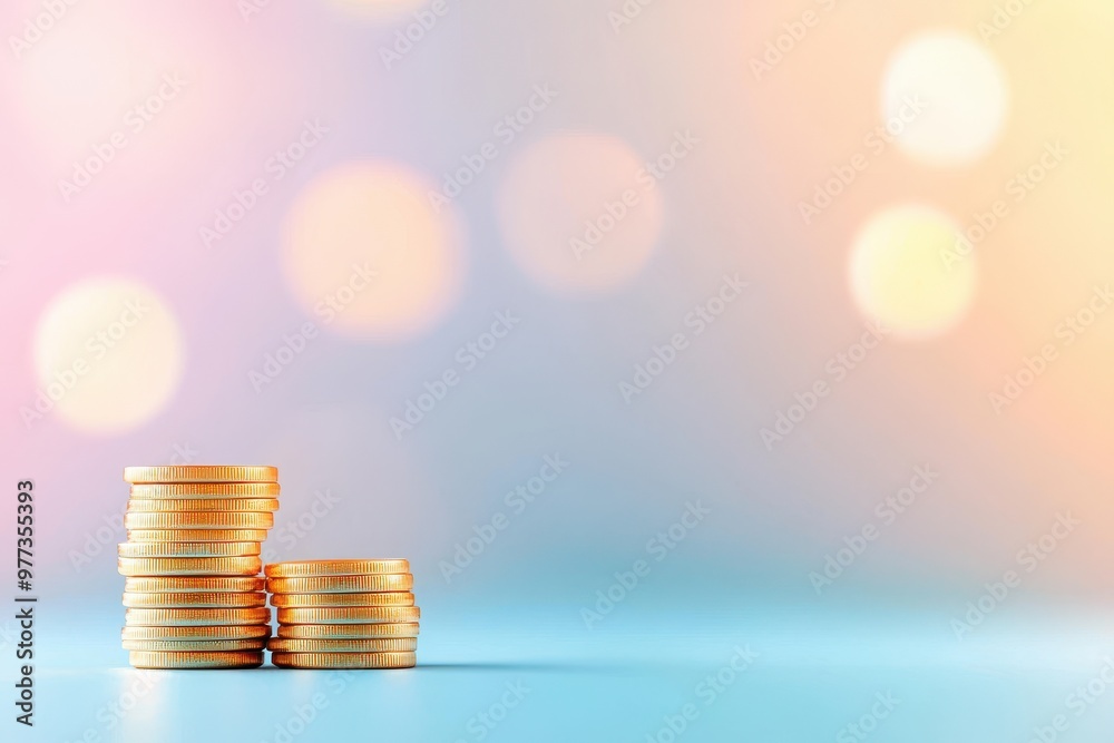 Aufkleber stacks of golden coins with a soft bokeh background, symbolizing wealth and prosperity, ideal for fi