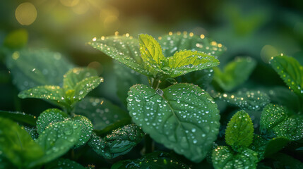 A soft-focus close-up of lemon balm leaves glistening in the morning dew,