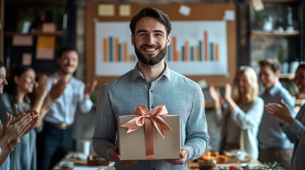Obraz premium A man is holding a gift box with a bow on it and smiling