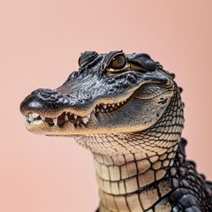 Professional studio portrait of an alligator showcasing detailed texture against a pastel pink background highlighting the reptile's features